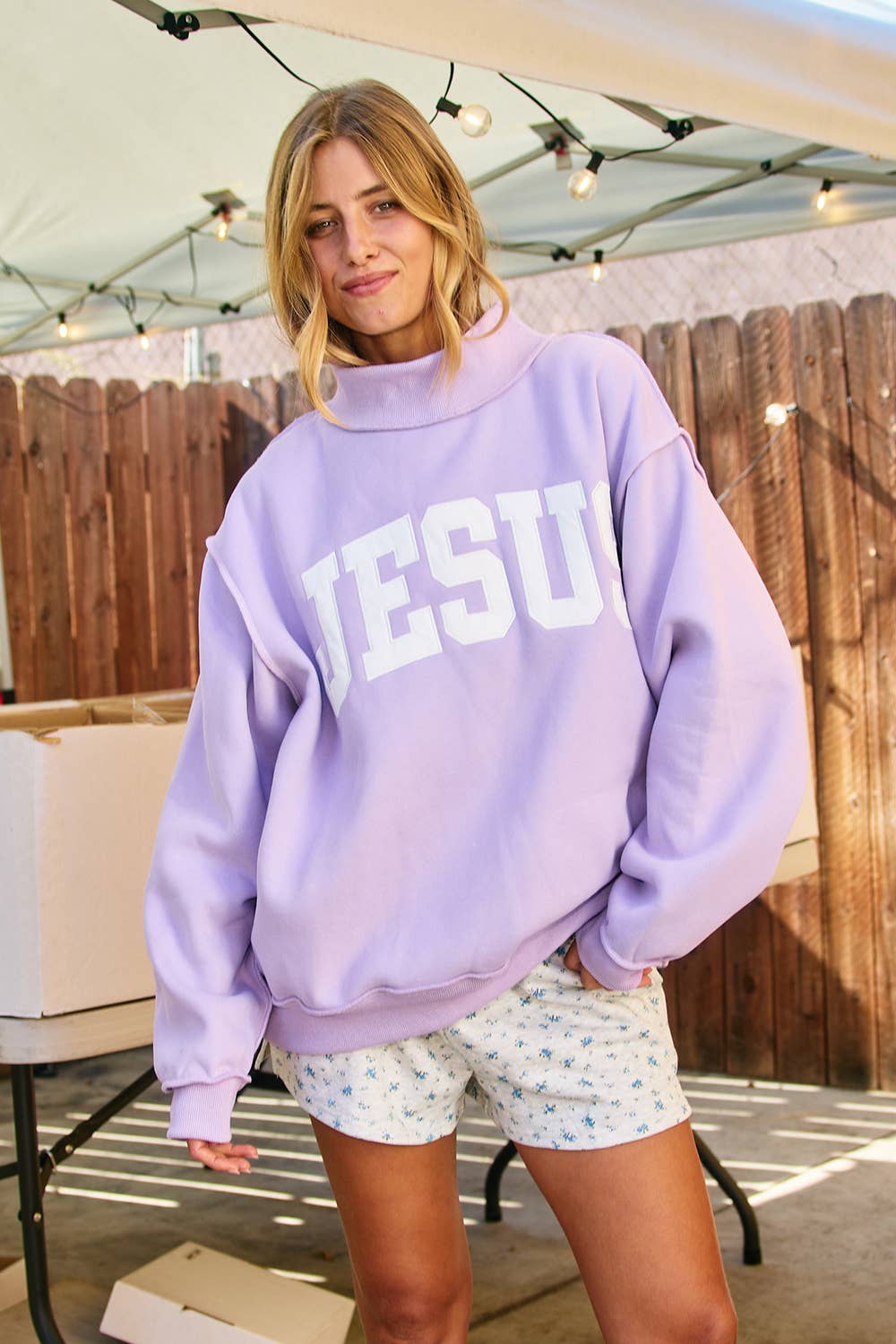 BUCKETLIST INC - IT2594E-JESUS  'JESUS' Embroidered Mock Neck Sweatshirt : LAVENDER / S/M-L/XL (3-3)