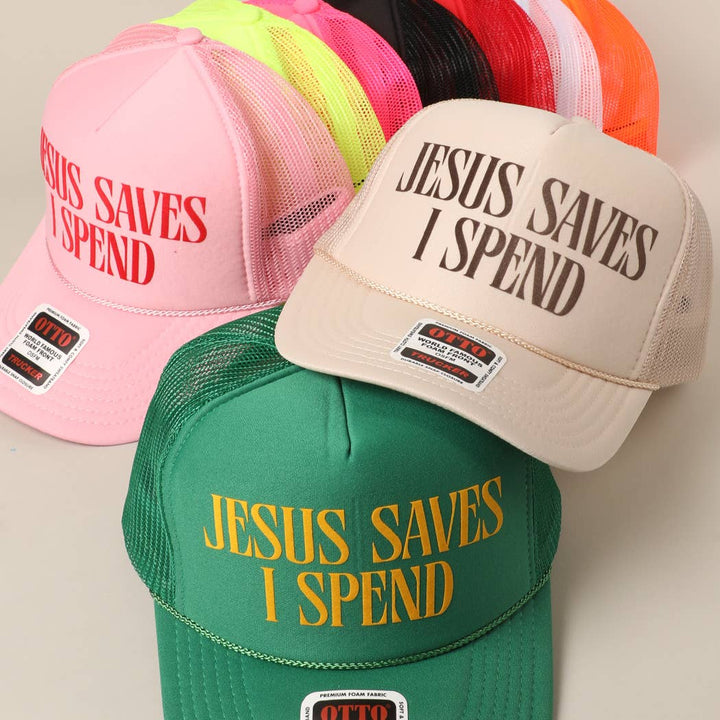 Fashion City - JESUS SAVES I SPEND Text Mesh Back Trucker Hat: Pink / ONE SIZE