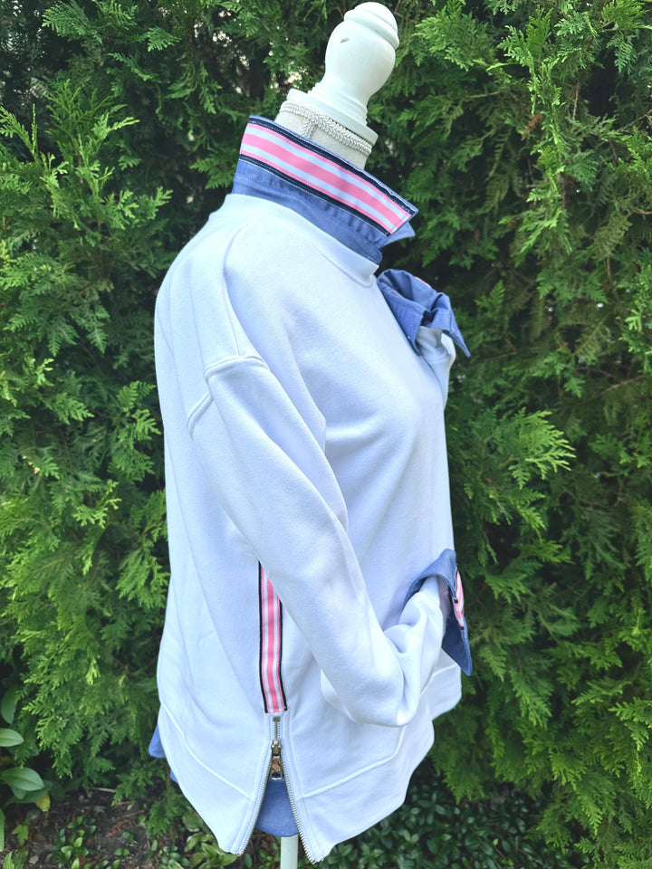 Pearly Vine - Casie 2 - Navy Oxford w/Navy, White & Pink Stripe Ribbon: Navy w Blue White & Pink Stripe Ribbon / L