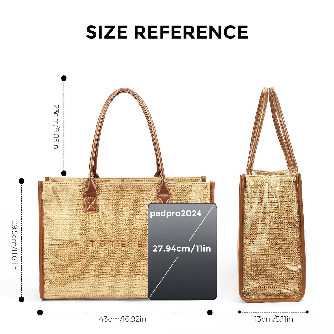 MKS America - PVC Straw Print Tote Bag Zip Waterproof Beach Bag: Brown / M
