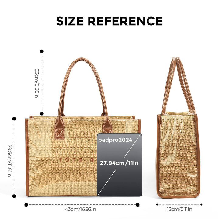MKS America - PVC Straw Print Tote Bag Zip Waterproof Beach Bag: Brown / M