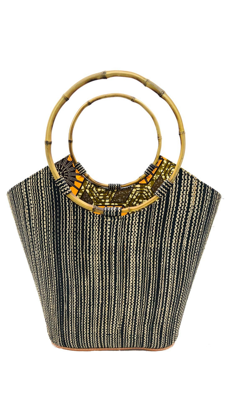 Shebobo - Carmen Solid & Stripes Straw Bucket Bag with Bamboo Handles: Natural