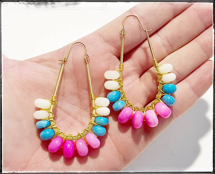 GentrybyJenna - Wire Wrapped Hoop Glass Bead Dangle Earring Turquoise Pink