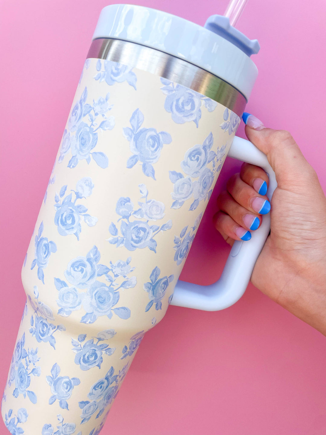 Rock Paper Scissors - Cream & Blue Floral 40oz Tumbler