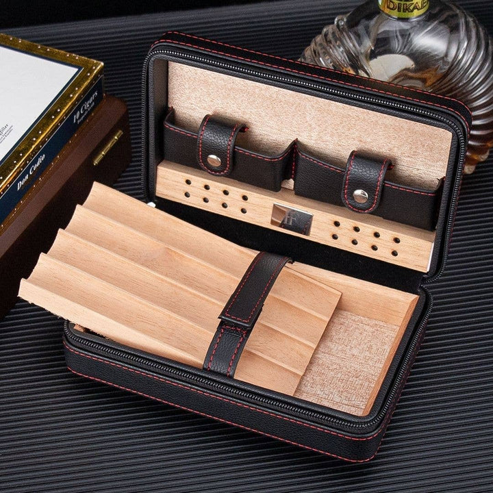 Fluid And Fire - Dominus 4-Slot Leather Travel Case – Torch, Cutter & Humidity Chamber: Maroon Case + Yellow Torch + Cutter