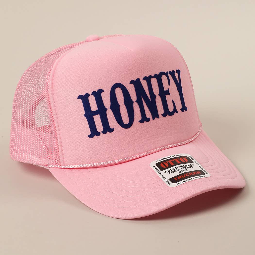 Fashion City - HONEY Text Logo Printed Mesh Back Trucker Hat: White / ONE SIZE