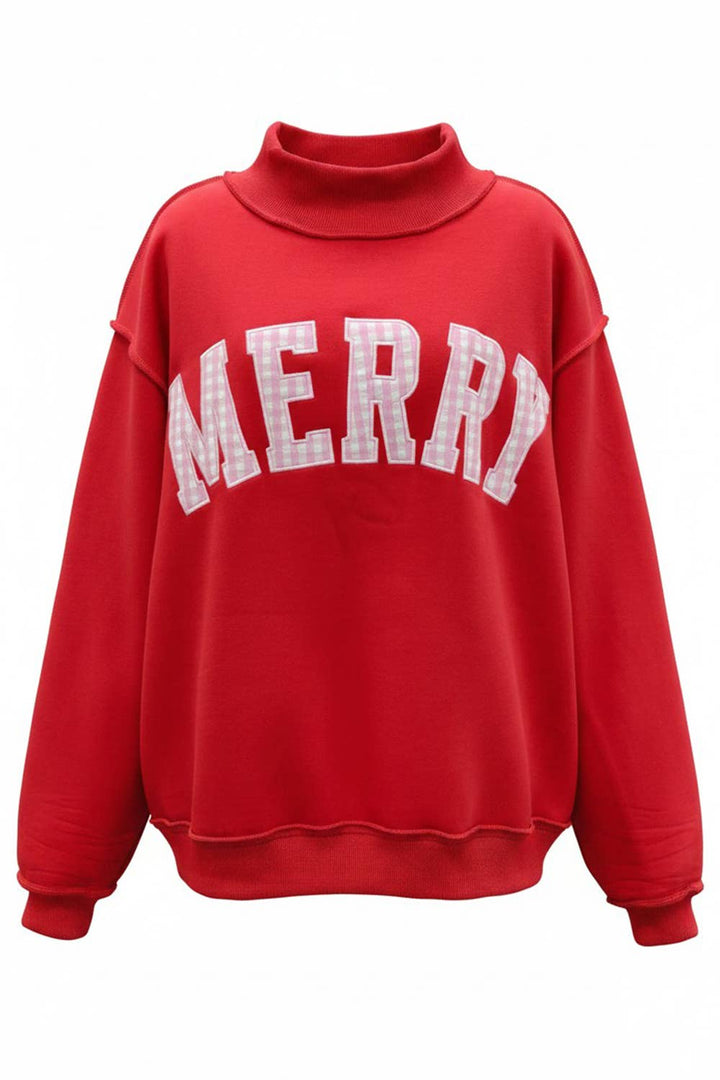 BUCKETLIST INC - IT2594E-MERRY4 | 'MERRY' Embroidered Mock Neck Sweatshirt: RED W/ PINK / S/M-L/XL (3-3)