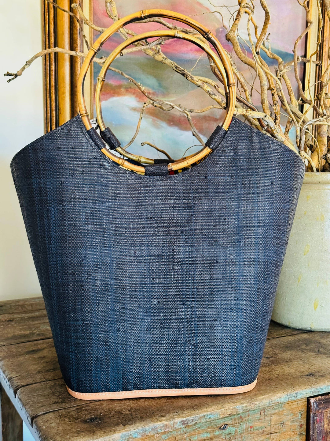 Shebobo - Carmen Solid & Stripes Straw Bucket Bag with Bamboo Handles: Natural