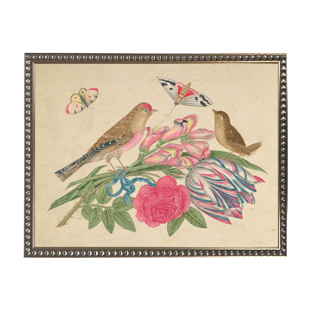 Antique Curiosities Inc - Bookplate O with birds on a distressed background: Beaded gold frame 1315-70 / 10" X 8"