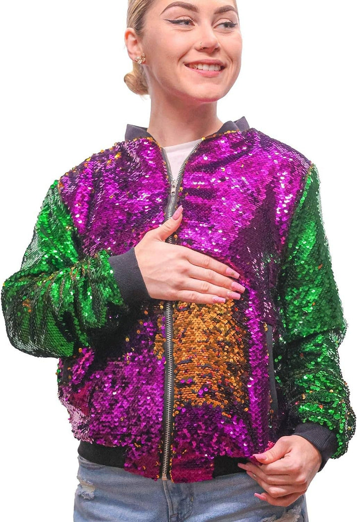 The Mardi Gras Krewe - Reversible Mardi Gras Sequin Jacket for Women & Kids, Mardi Gras Outfit: X-Large