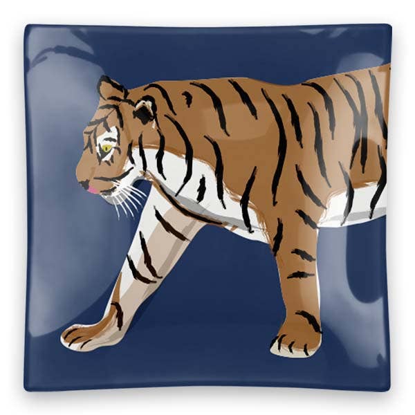 Clairebella - Walking Tiger Square Glass Trinket Tray: Navy