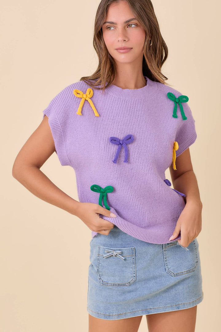Main Strip - Mardi Gras Ribbon Bow Knit Top: PURPLE / S