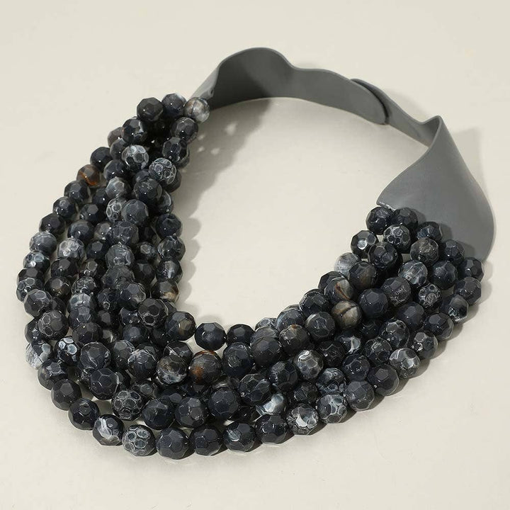 Sensibling Corp. - Marbled Faceted Ball Beaded Multi Layered Faux Leather Magnetic Necklace: Navy