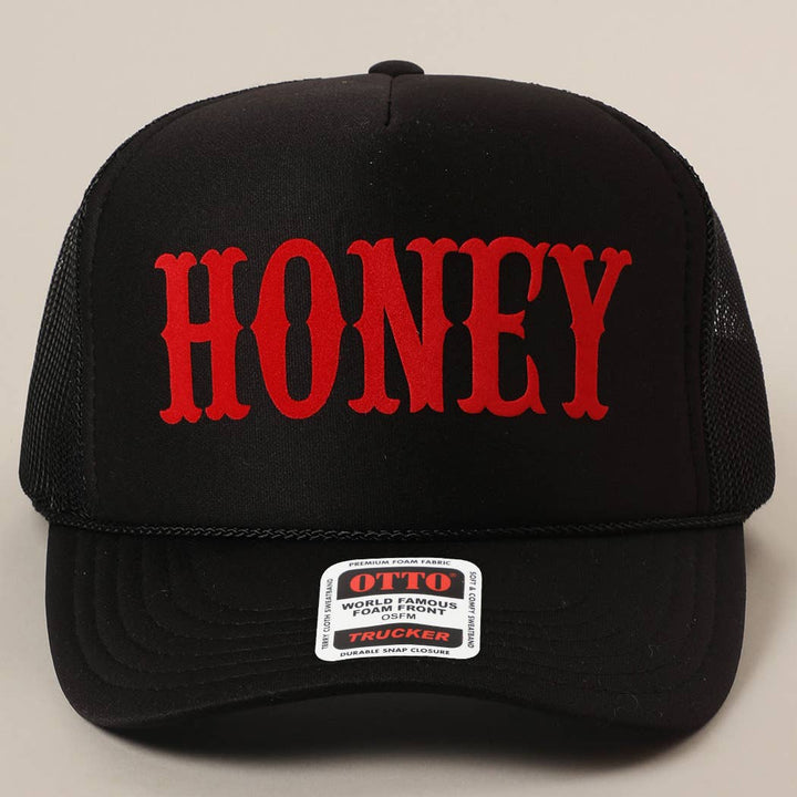 Fashion City - HONEY Text Logo Printed Mesh Back Trucker Hat: White / ONE SIZE