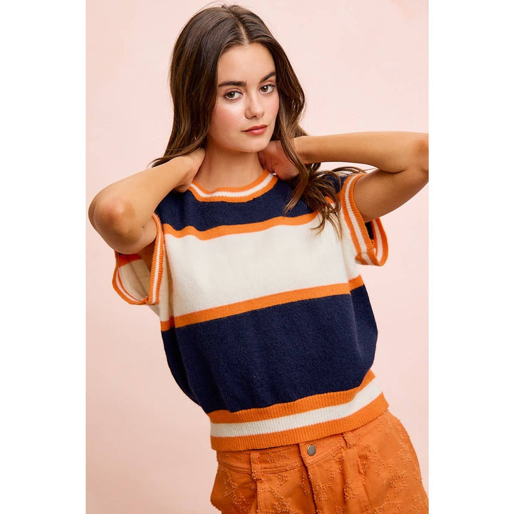 BiBi - GAMEDAY THEME COLORBLOCK REALXED FIT KNIT TOP: NAVY/ORANGE / S