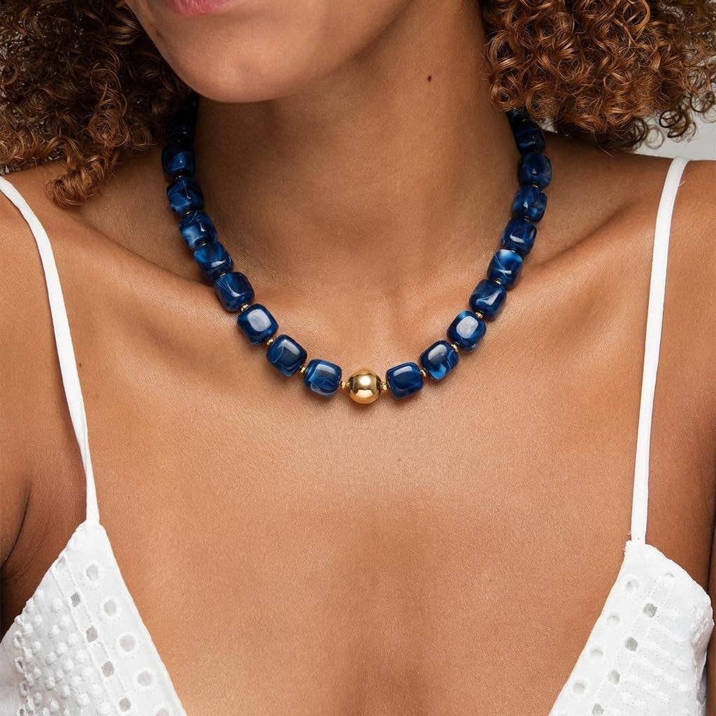 MKS America - Women  Square Resin Bead Necklace With Gold Ball Detail: Black / M