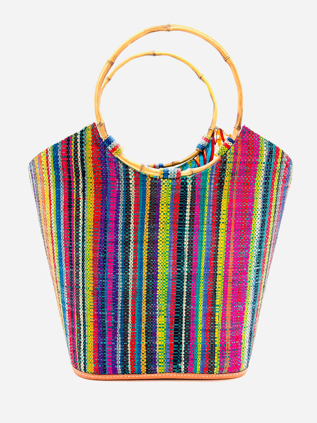 Shebobo - Carmen Solid & Stripes Straw Bucket Bag with Bamboo Handles: Natural