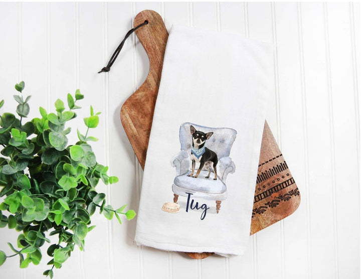 The Preppy Pineapple Home - Custom Black Chihuahua  Flour Sack Towel, Dog Mom, Dog Dad, Personalized Name, Pet Name Gift, Watercolor Pet Portrait, Floral Crown: No Accessory / Wingback Chair
