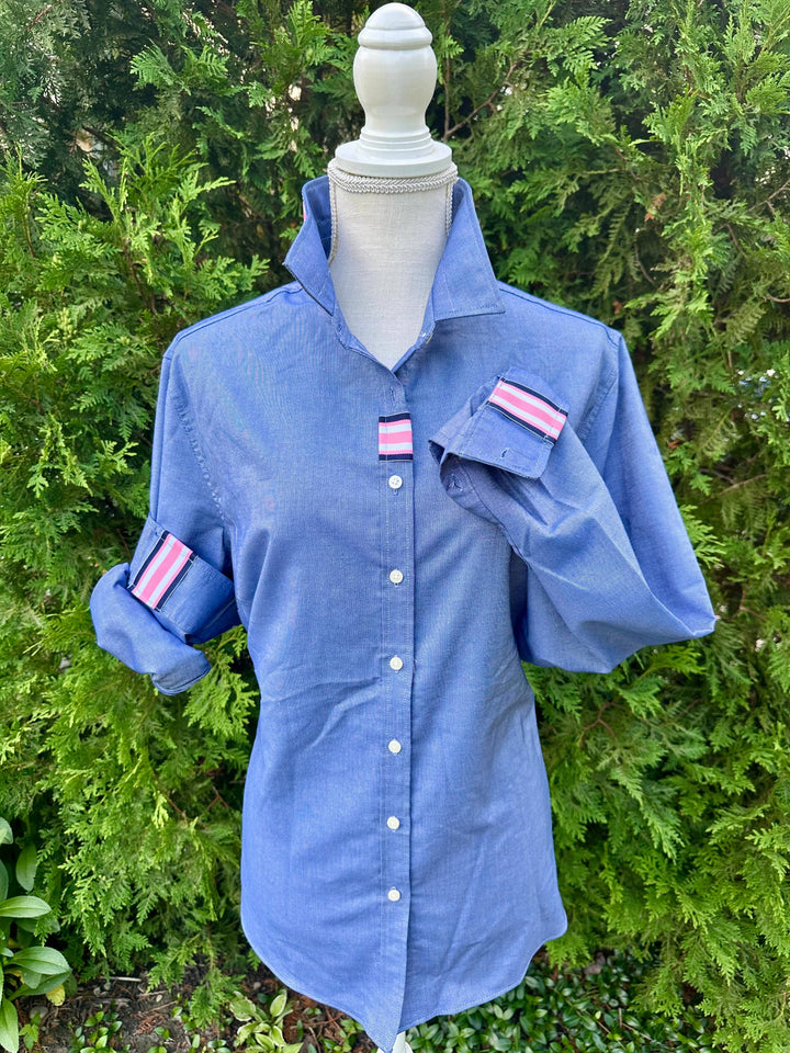 Pearly Vine - Casie 2 - Navy Oxford w/Navy, White & Pink Stripe Ribbon: Navy w Blue White & Pink Stripe Ribbon / M