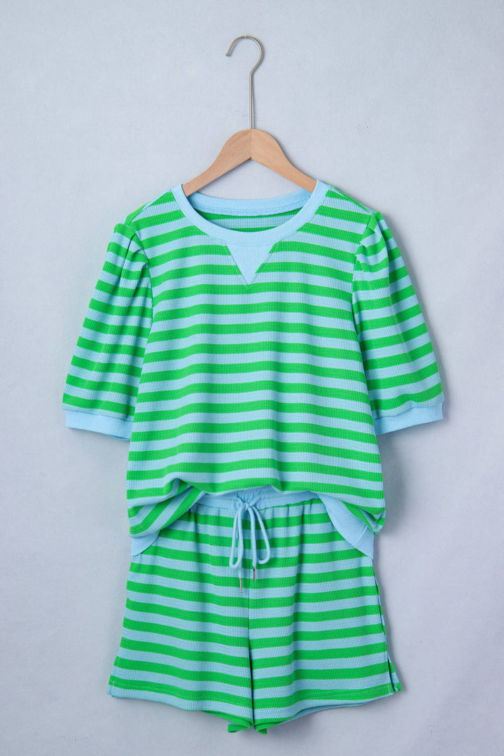 Stripe Spring Puff Sleeve Shirt Matching Shorts Set|S-4X: Green Stripe / S
