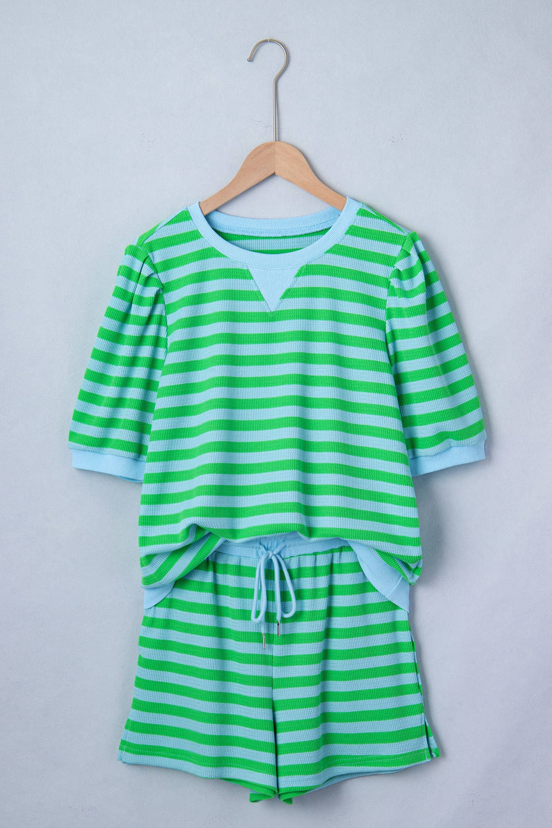 Stripe Spring Puff Sleeve Shirt Matching Shorts Set|S-4X: Green Stripe / L