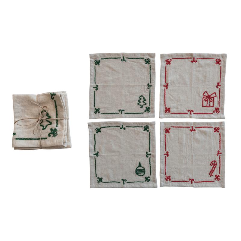 S/4 10"Sq Cotton Cocktail Napkins w Holiday Icon, Multi