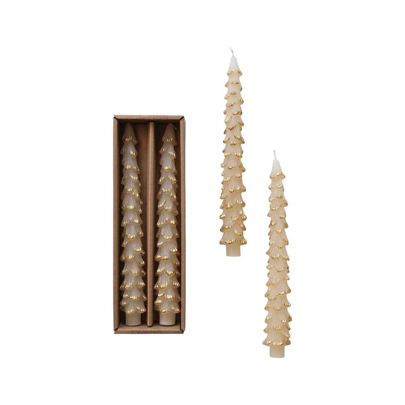 Creative Co-op - Unscented Tree Shaped Taper Candes in Box, Eggnog Color, Set of 2