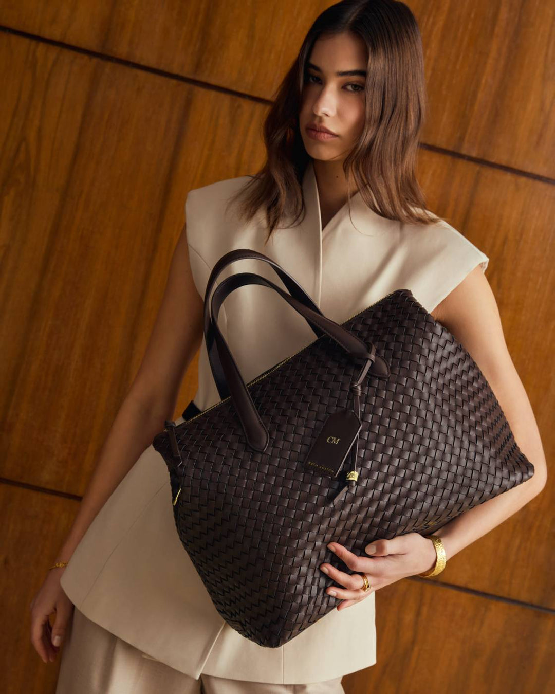 MILAN HAND WOVEN CABIN BAG | Chocolate | 9 7/8" x 15 3/4" x 7 1/2"