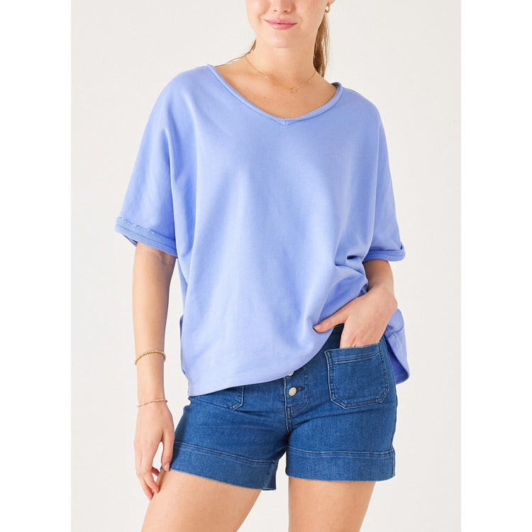 Frenchie Raw Edge V-Neck Sweatshirt - Periwnkle Blue