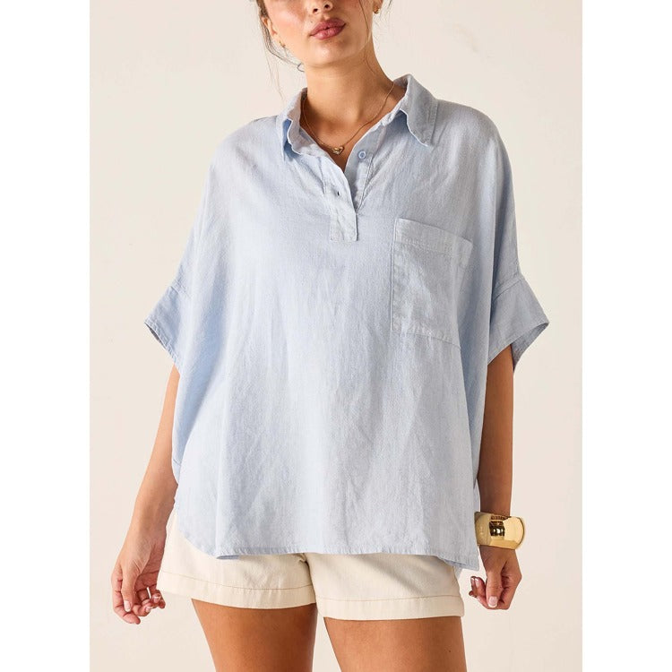 Hermosa Collared Top -Zen Blue