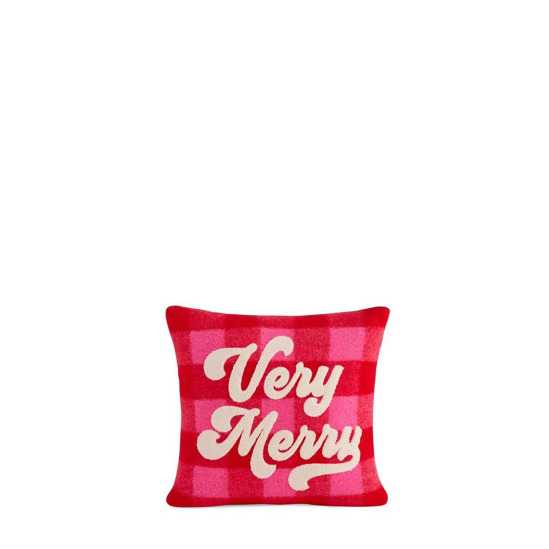 "VERY MERRY" PLAID PILLOW, RED
