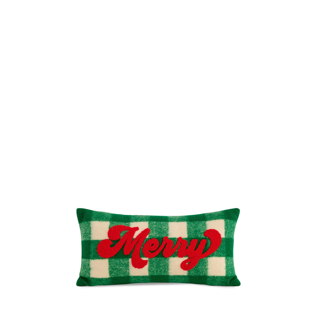 "MERRY" PLAID PILLOW, GREEN