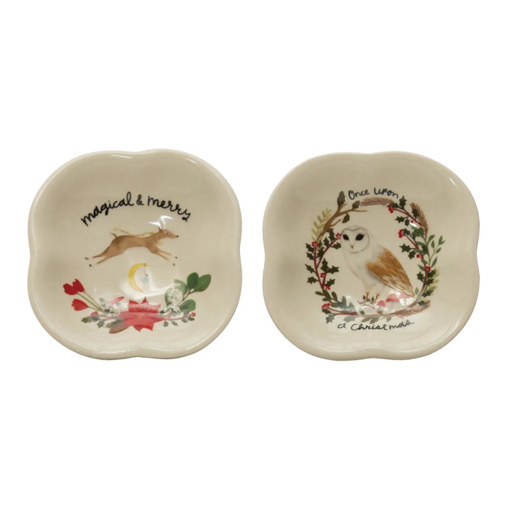 Stoneware Pedestal Dish with Forest Animal and Holiday Saying, 2 Styles