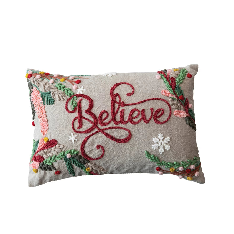 16"L x 10"H Cotton Chambray Embroidered Lumbar Pillow w/ Snowflakes & Foliage "Believe"