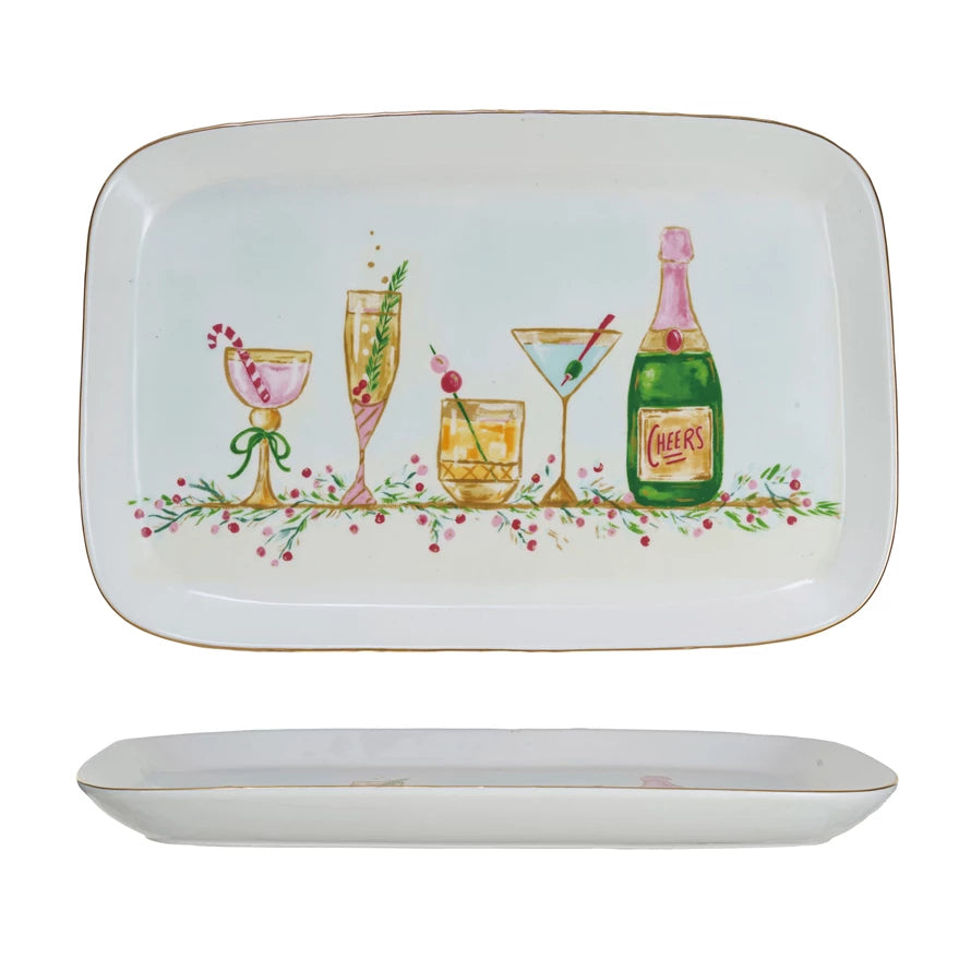 Stoneware Platter w/ Holiday Cocktails & Gold Electroplating, Multi Co ...
