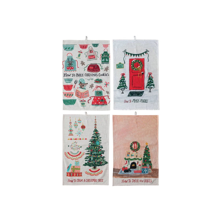 Cotton Slub Printed Tea Towel w/ Holiday Saying "How To…", 4 Styles ©