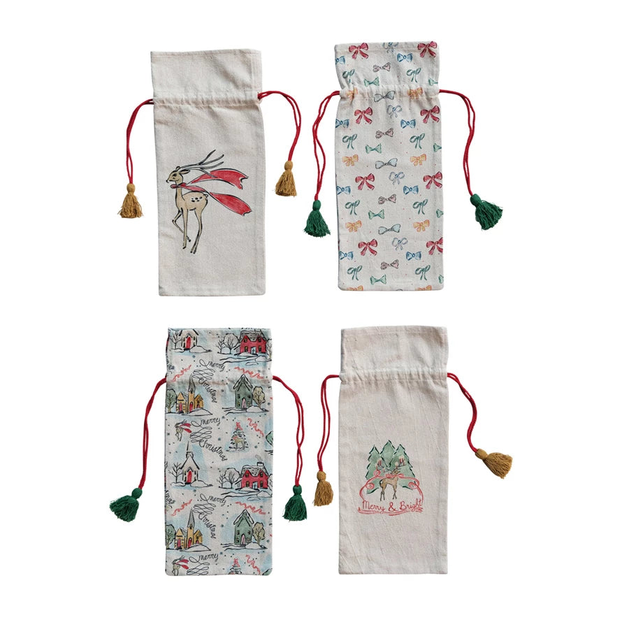 Cotton Chambray Printed Drawstring Wine Bag w/ Tassels, 4 Styles ©