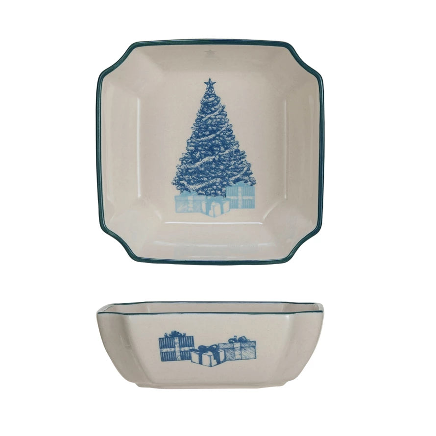 Stoneware Bowl w/ Christmas Tree, Blue & Cream Color