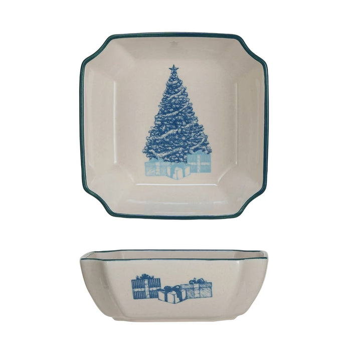 Stoneware Bowl w/ Christmas Tree, Blue & Cream Color