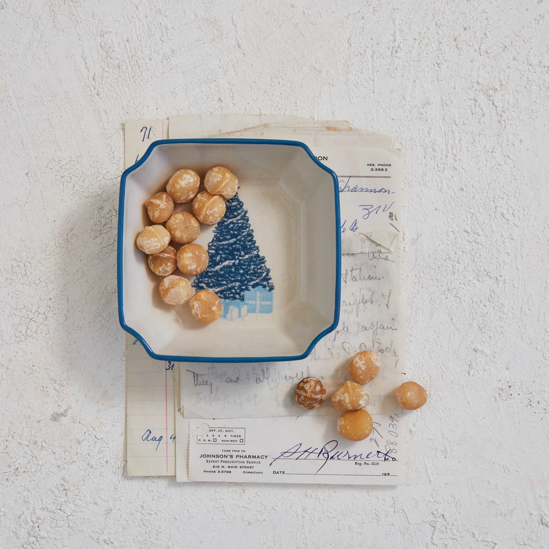 Stoneware Bowl w/ Christmas Tree, Blue & Cream Color