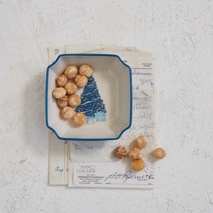 Stoneware Bowl w/ Christmas Tree, Blue & Cream Color