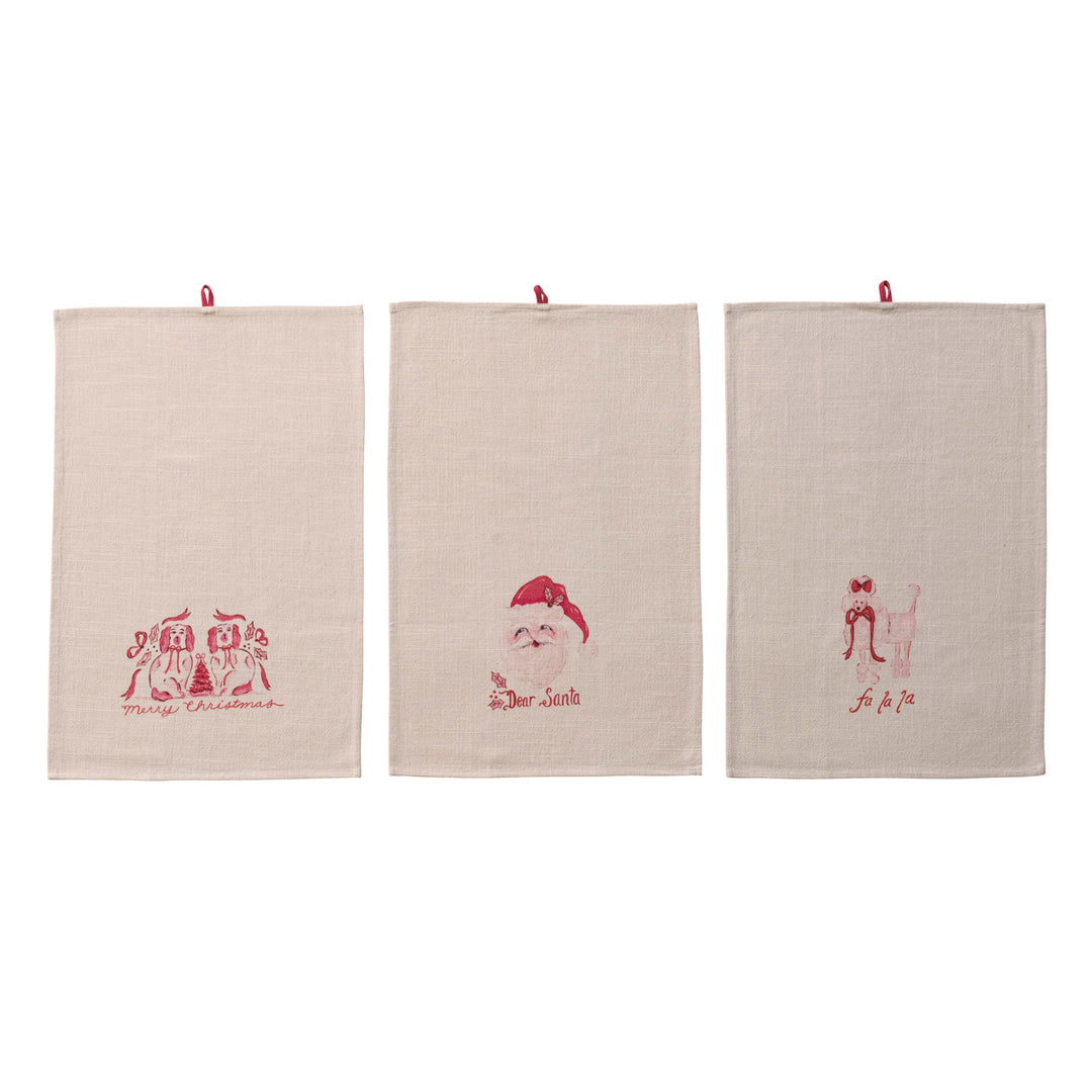 Tea Towel with Holiday Saying & Image, Pink, Red & White, 3 Styles ©