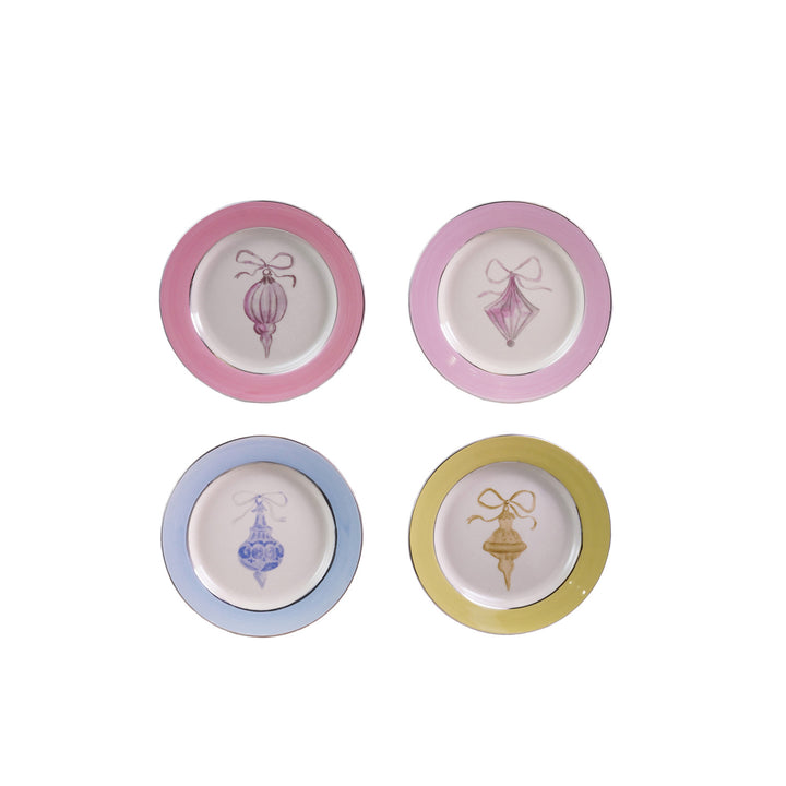 Stoneware Plate with Ornament Image & Electroplated Edges, 4 Styles