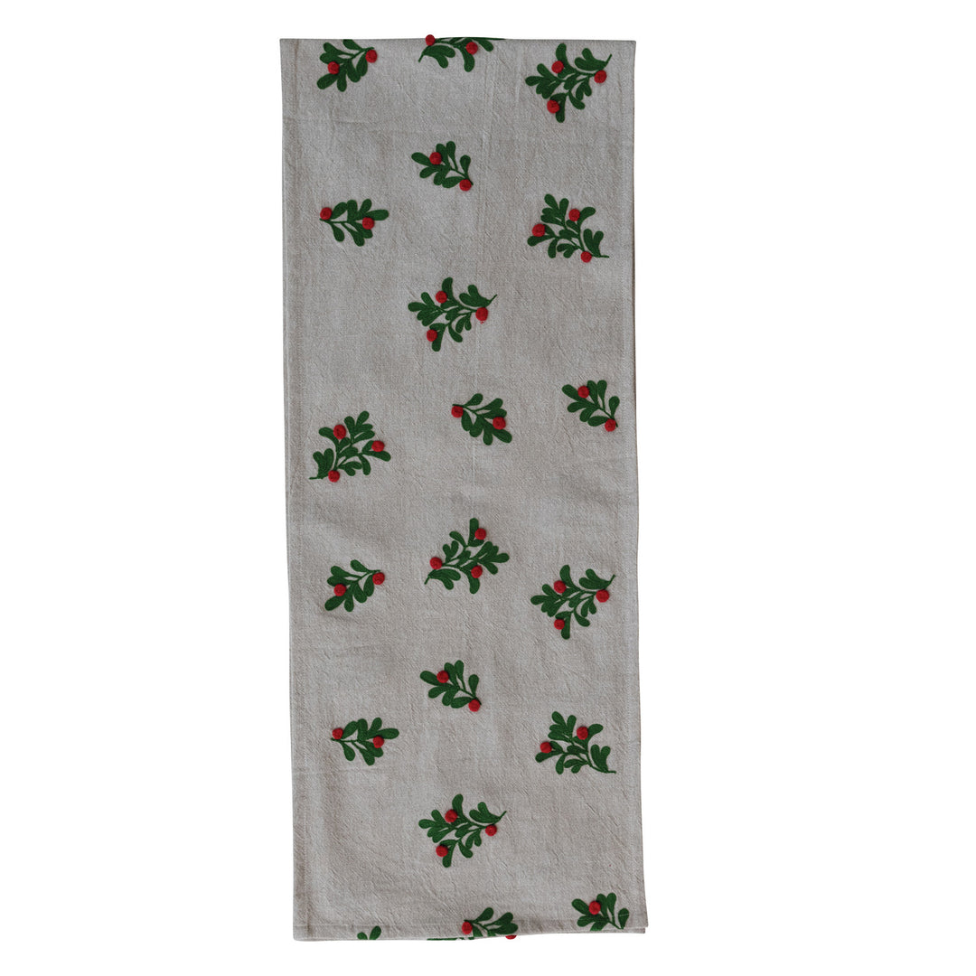 Table Runner with Embroidered Mistletoe Pattern & Pom Poms, Natural