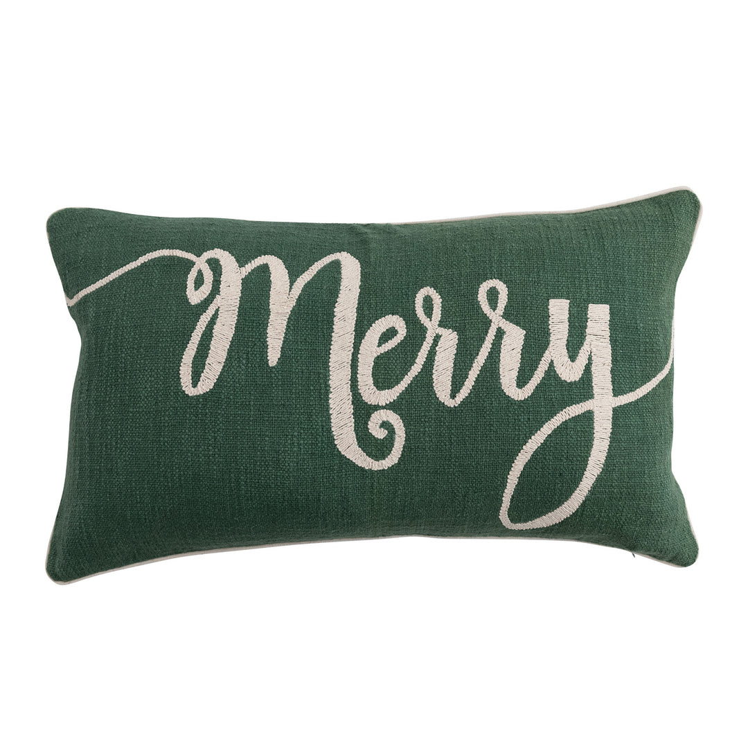 Cotton Slub Lumbar Pillow w Embroidered "Merry"