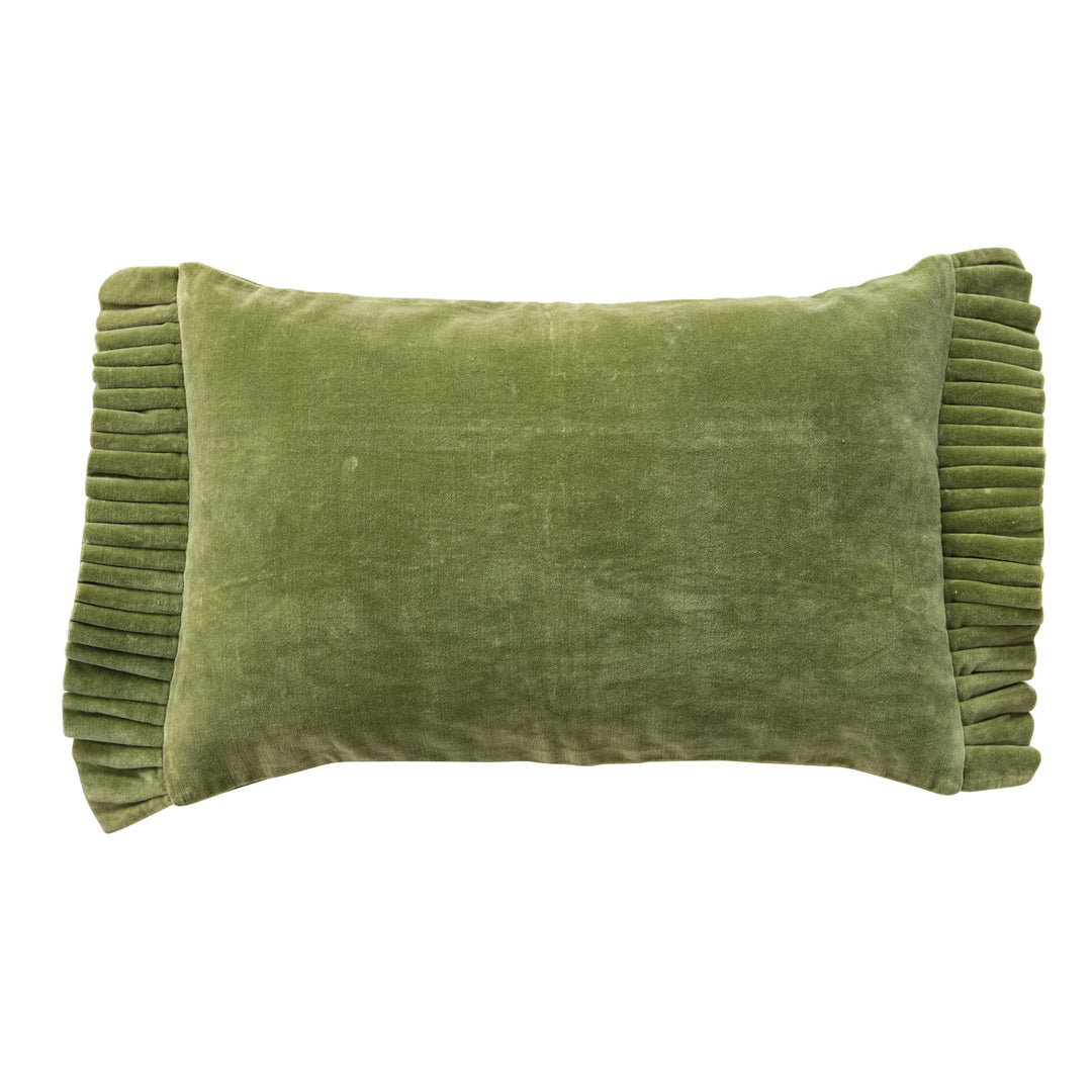 Cotton Velvet Lumbar Pillow w Ruffle Trim, Green