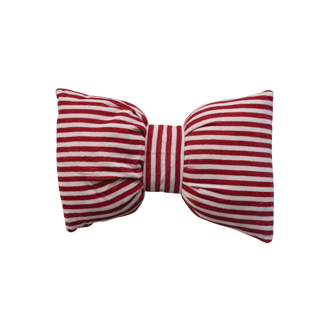 Velvet Bow Shaped Striped Lumbar Pillow, Red & Cream Color