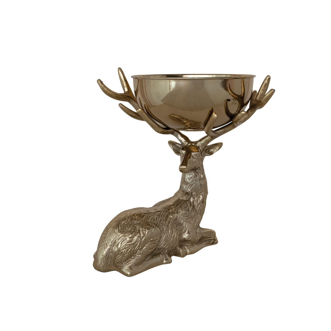 Cast Aluminum Reindeer Holding Bowl w Antlers, Gold Finish