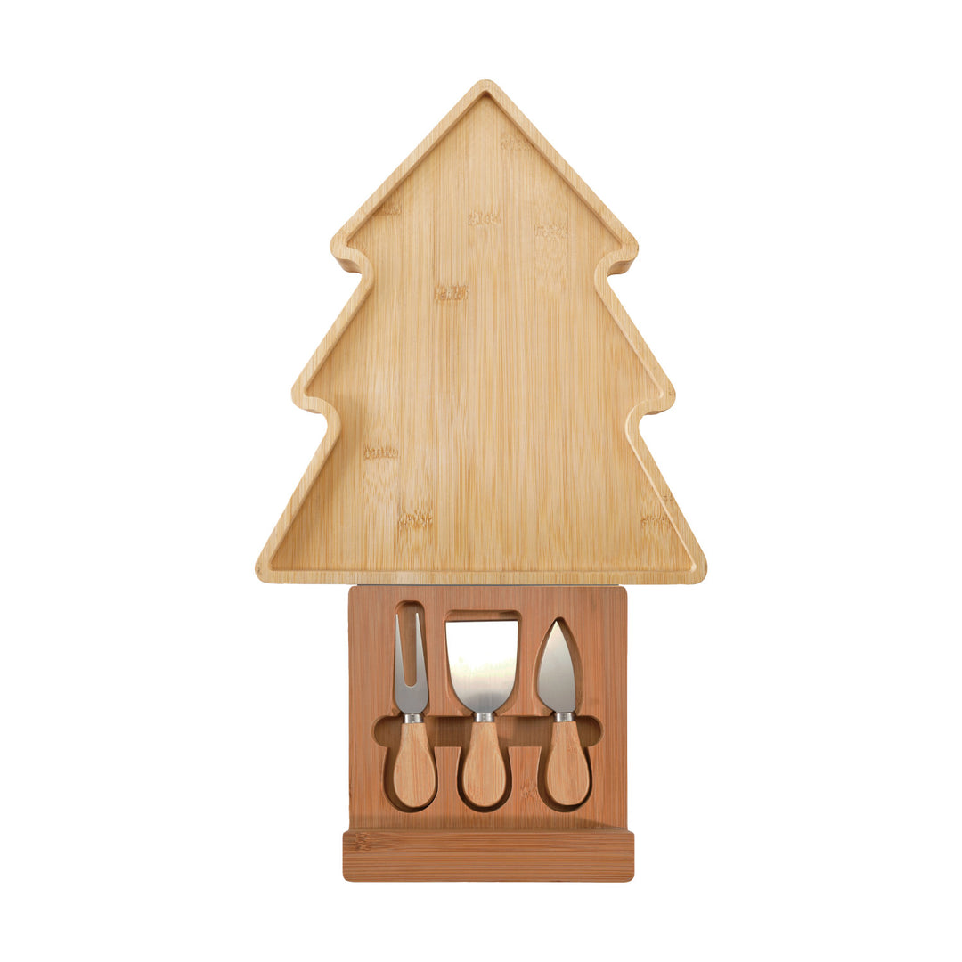 Bamboo Tree Shaped Cheese/Serving Board W Inset Cheese Knives