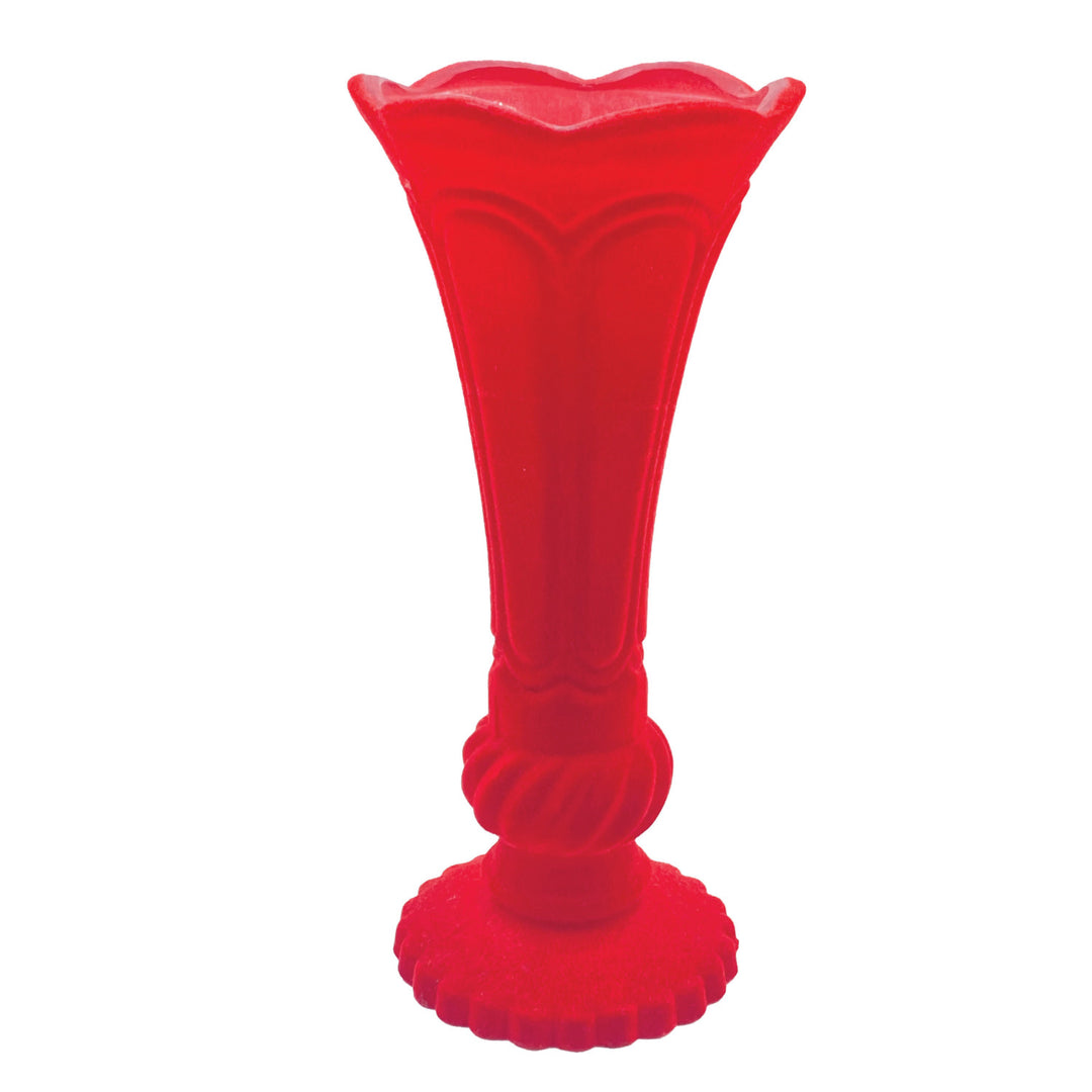 Embossed Flocked Glass Footed Vase w Scalloped Rim, Red